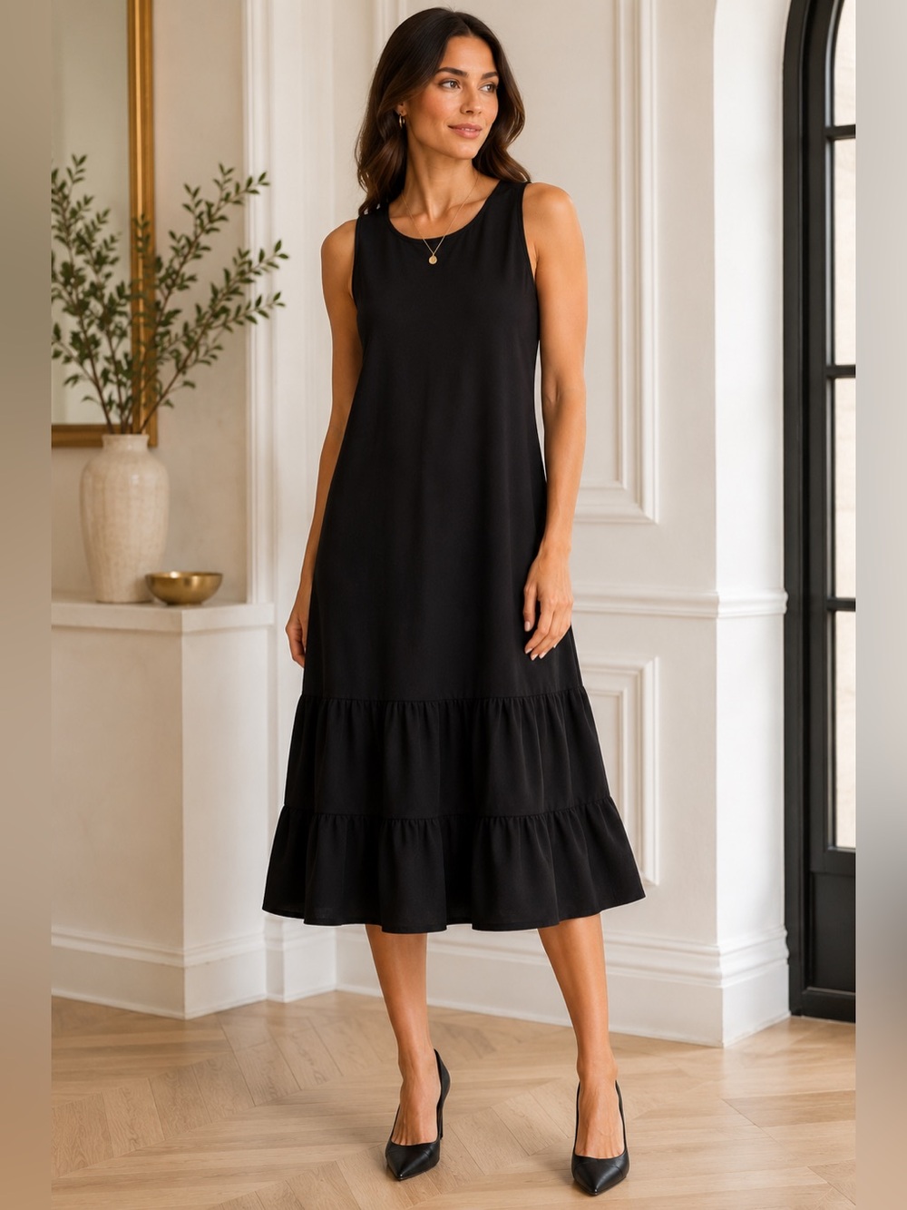 Tahari Arthur S. Levine Black Tiered Shift Dress Large Sleeveless Career Midi